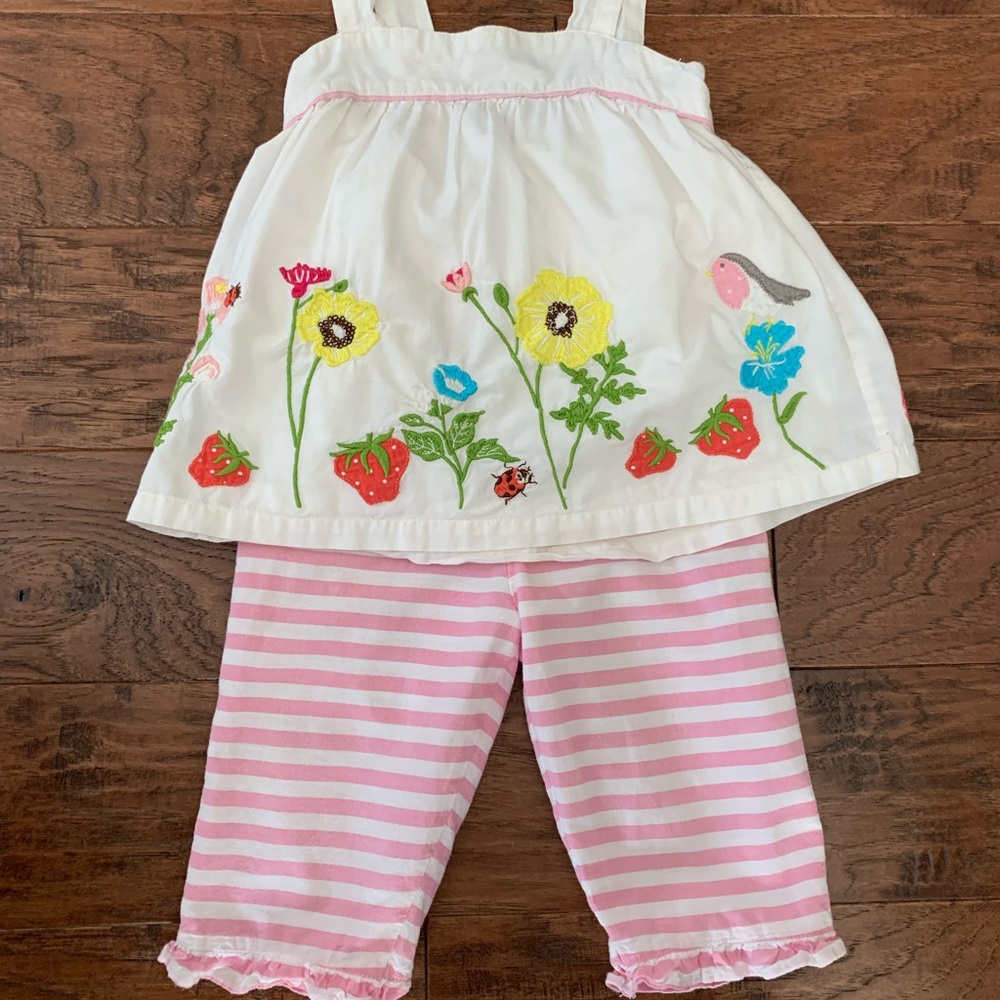 Mini Boden Floral Embroidered Top and Striped Pants Set